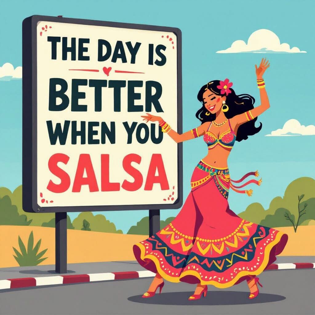 Salsa Dancer Reads Roadside Ad in Humorous Style