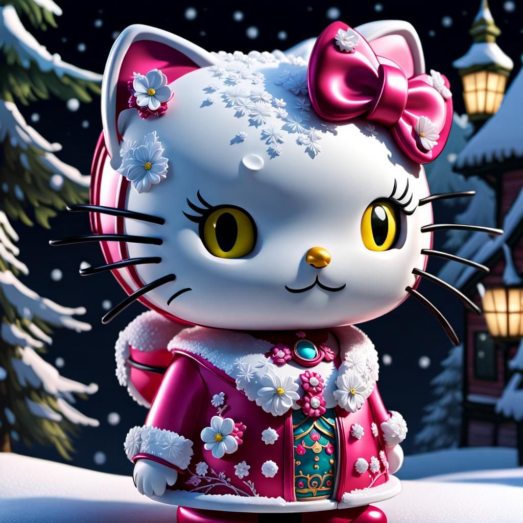 Winter Hello Kitty Bobblehead, Detailed Digital Art