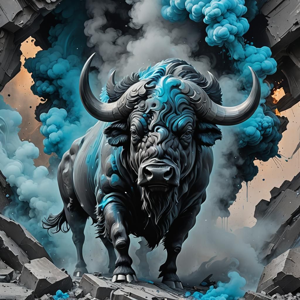 Luminescent Obsidian Buffalo in Graffiti Art Style