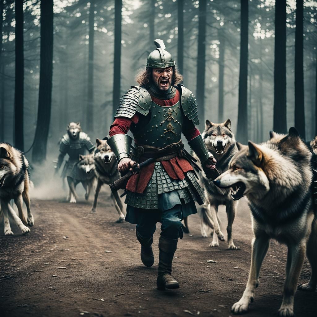 Furious Armored Man with Wolves: Cinematic Film Still