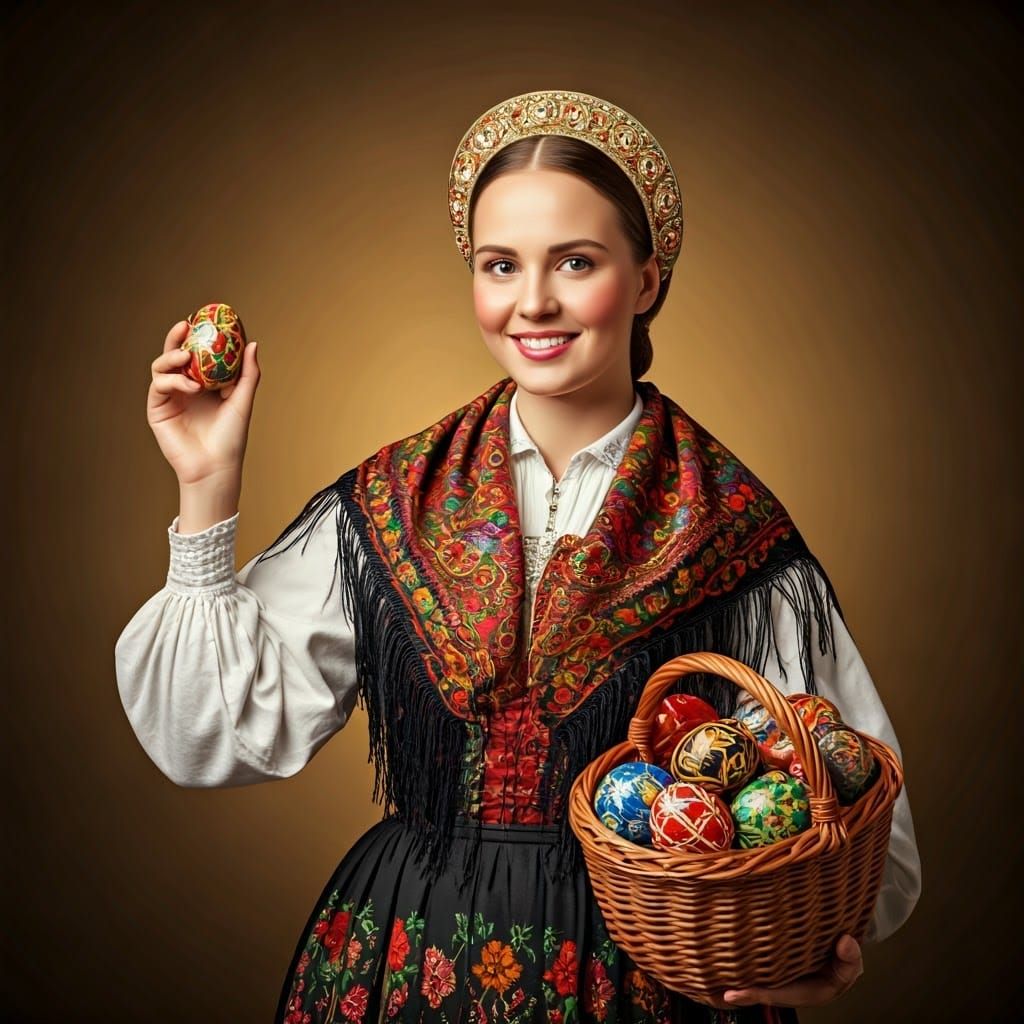 Traditional Slovenian Woman Offers Vibrant Easter Eggs