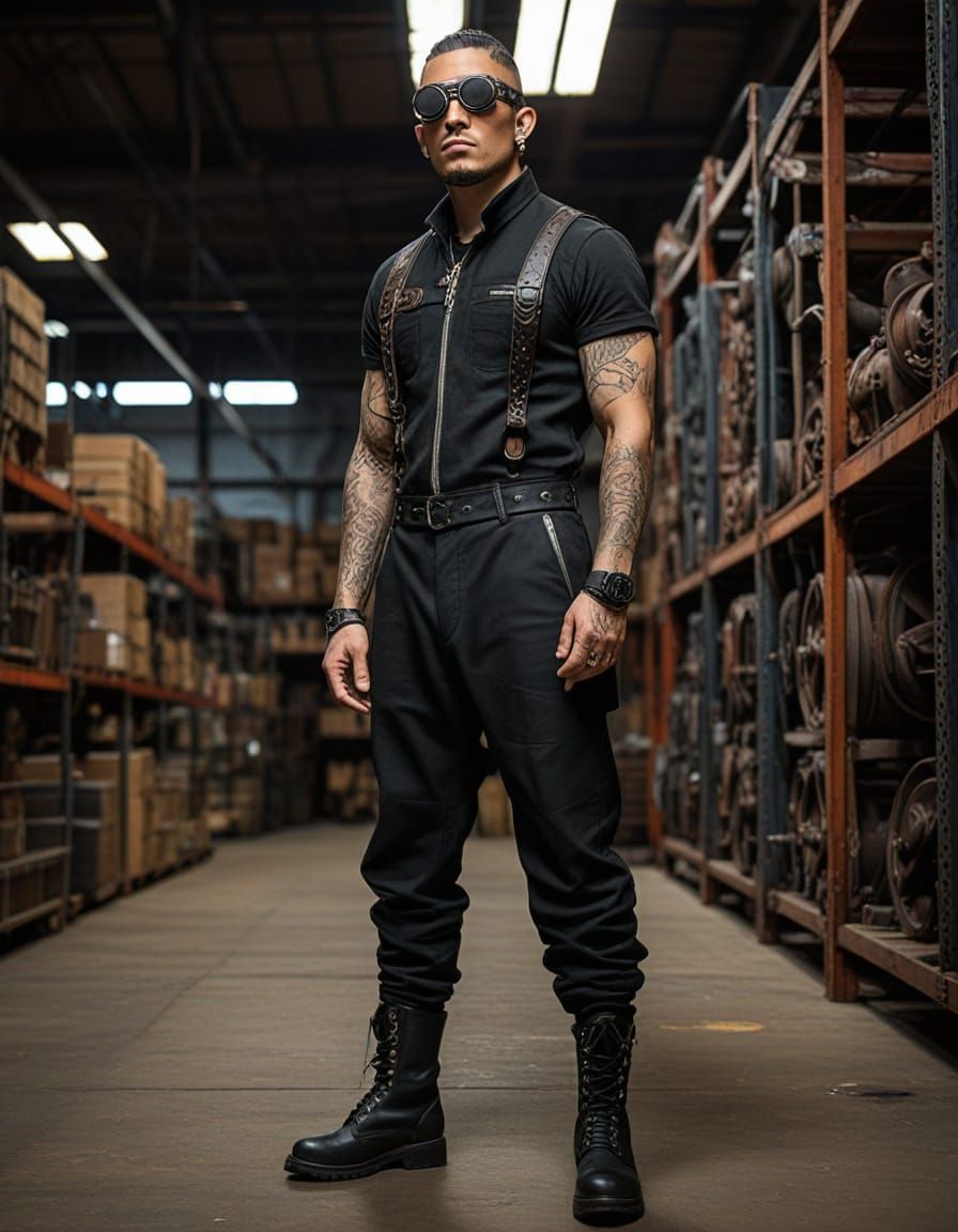 Latino Steampunk Man in Industrial Warehouse