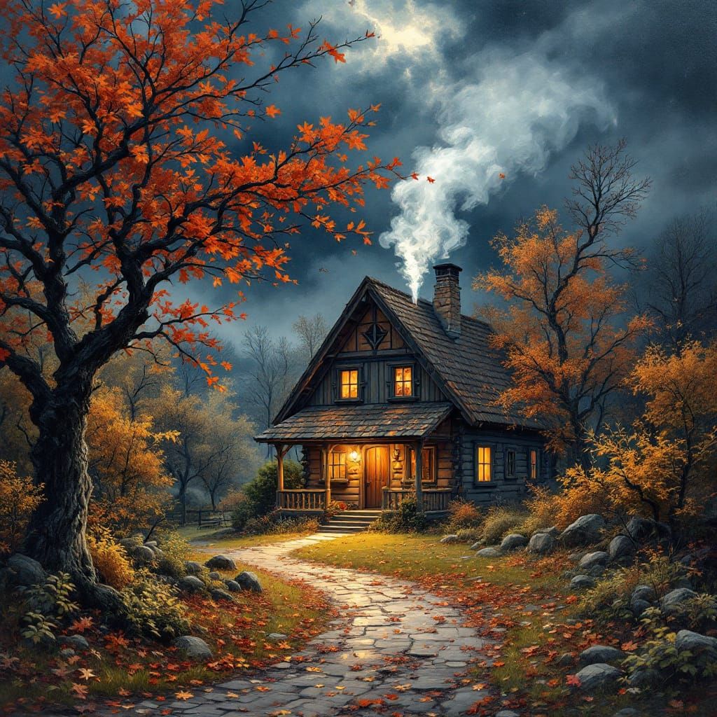 Autumn Storm Sweeping a Rural Cottage Landscape
