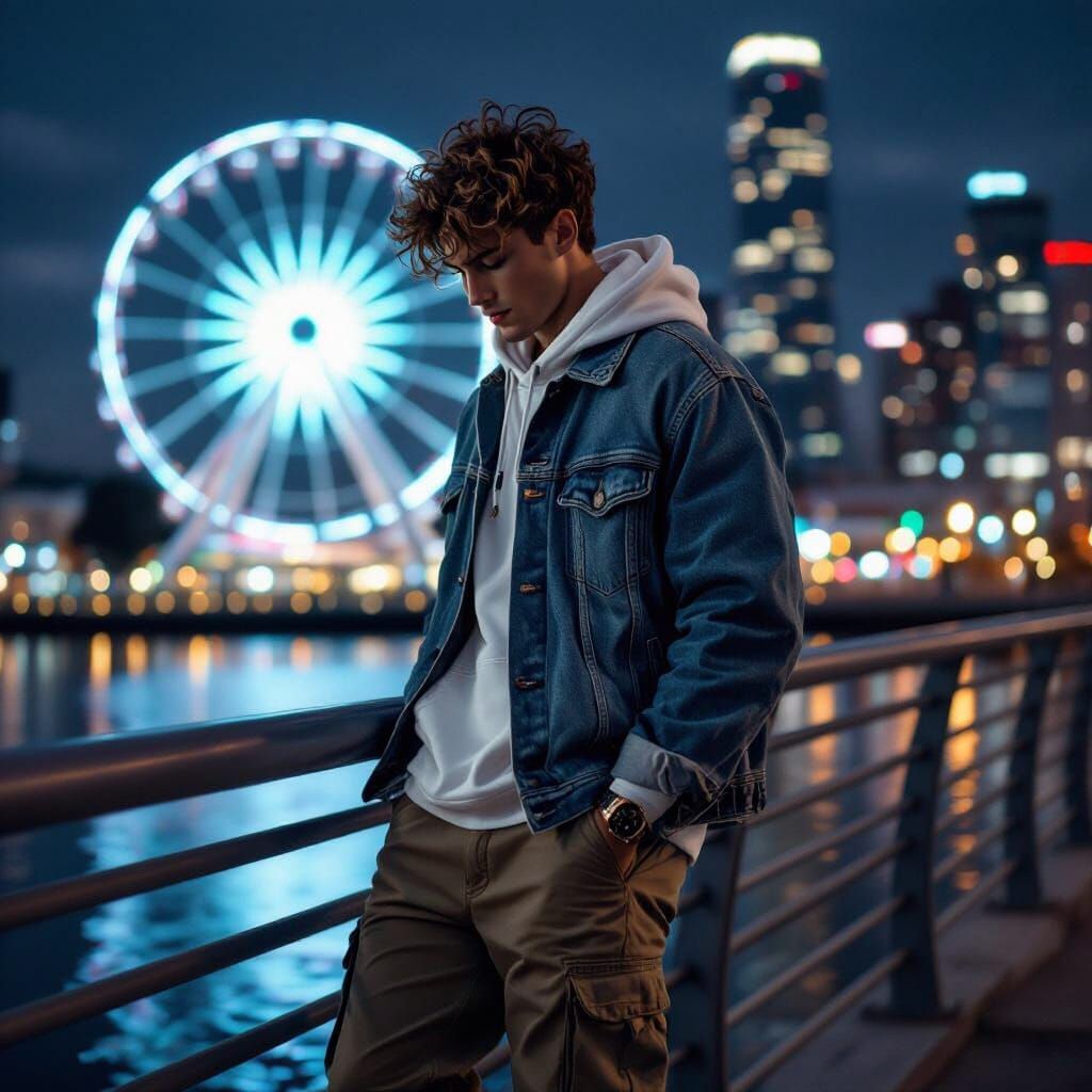 Young Man Gazing at Cityscape in Cinematic Style