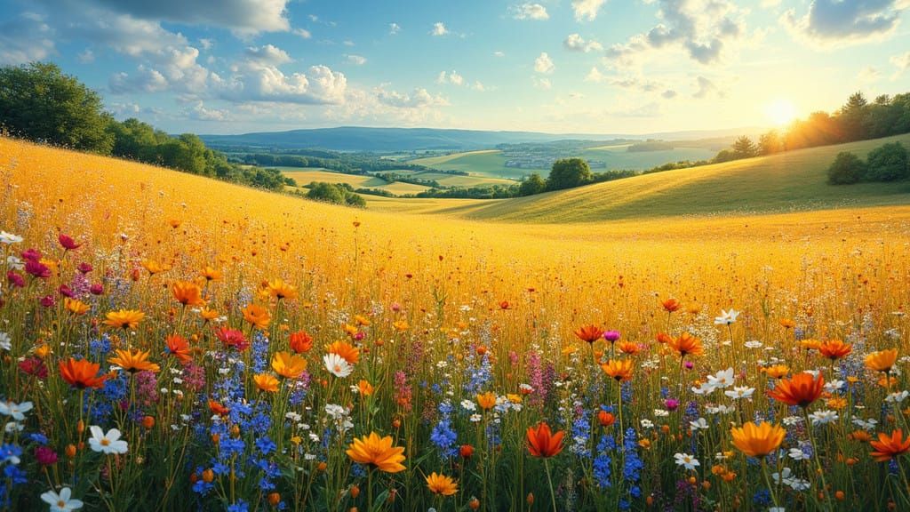 Dreamy Impressionist Landscape with Wildflowers and Hilly Ba...