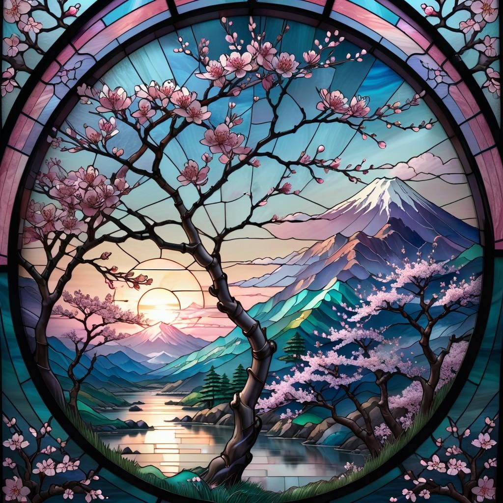 Stained Glass Japanese Cherry Blossom Landscape in Pastel
