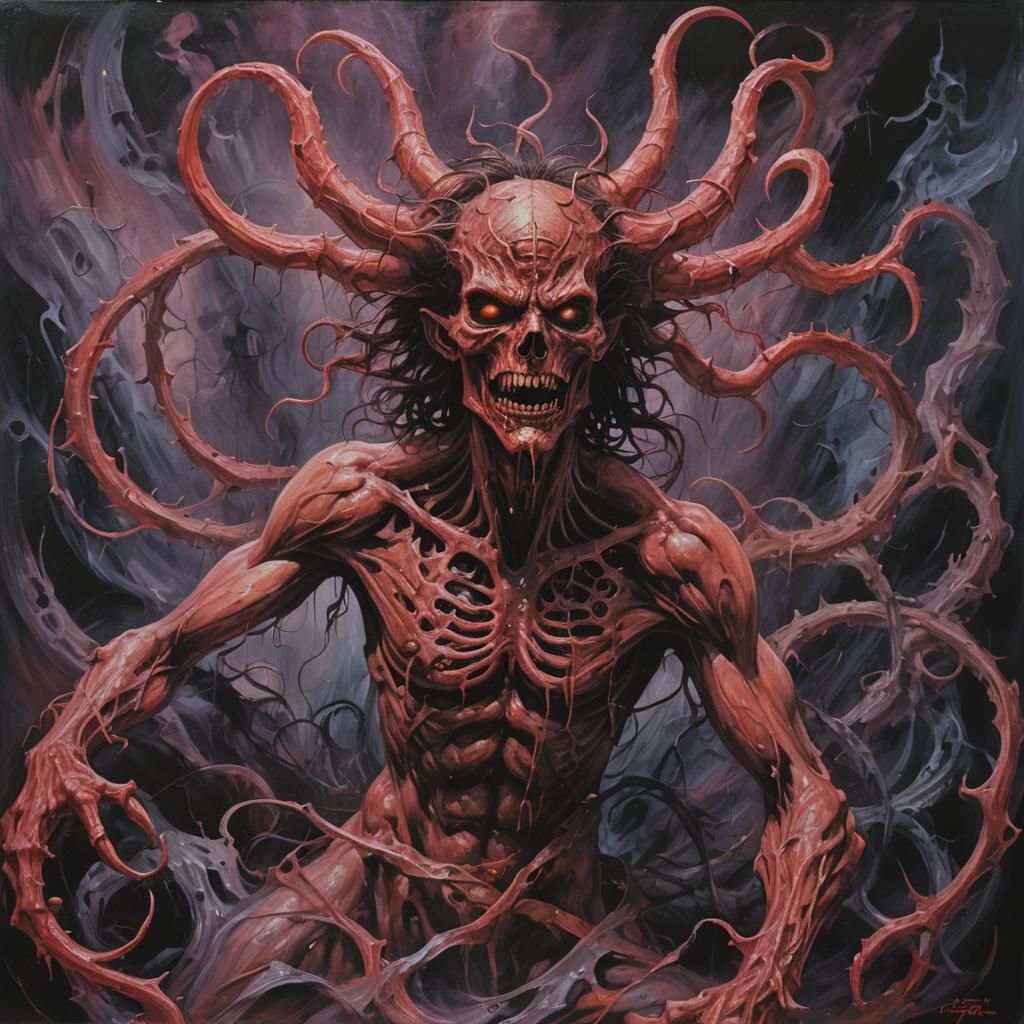 Evil man of hellion, contorted lyrical abstracted satanic horror, oil on canvas wet washed r/Art fused with CGSociety; s...