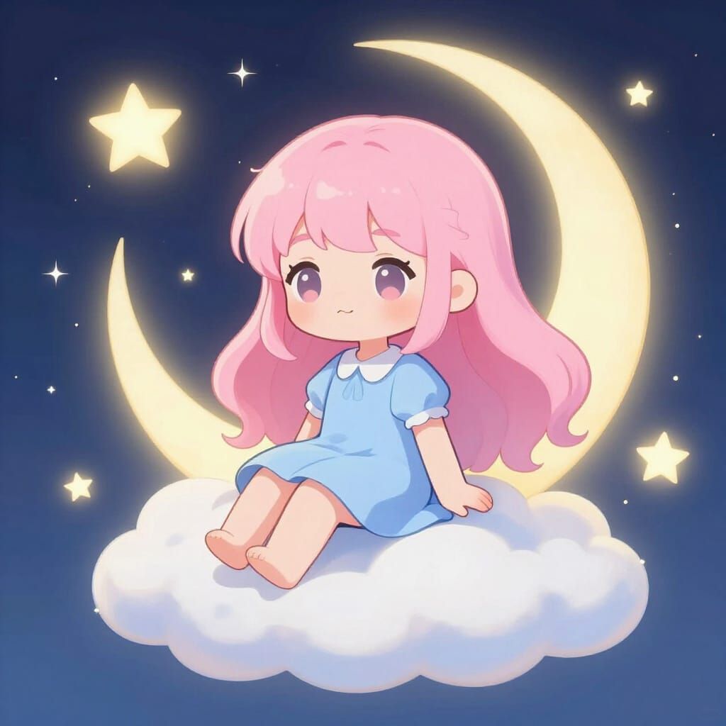 Chibi Girl on Cloud with Moon and Stars