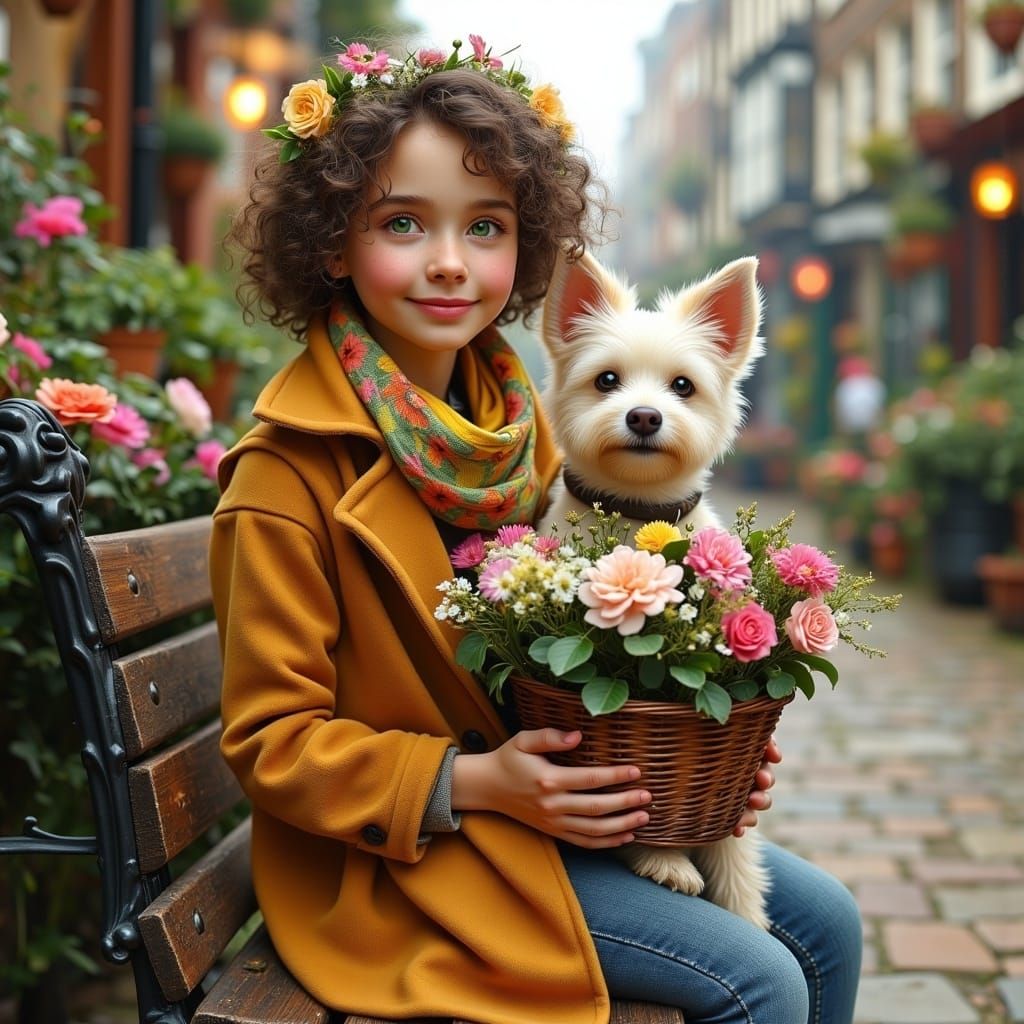 Girl with Puppy in London Flower Garden