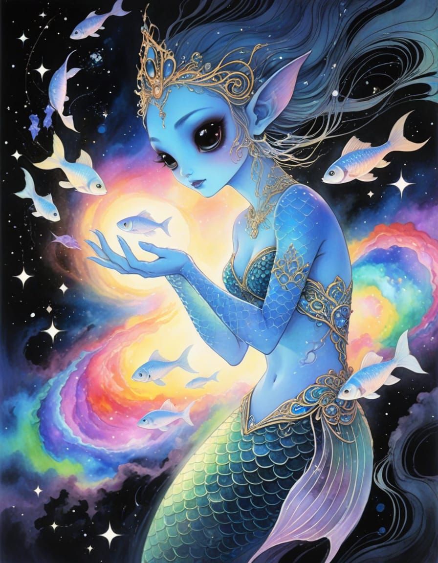 Celestial Mermaid Princess Captures Ethereal Fish in Cosmic ...