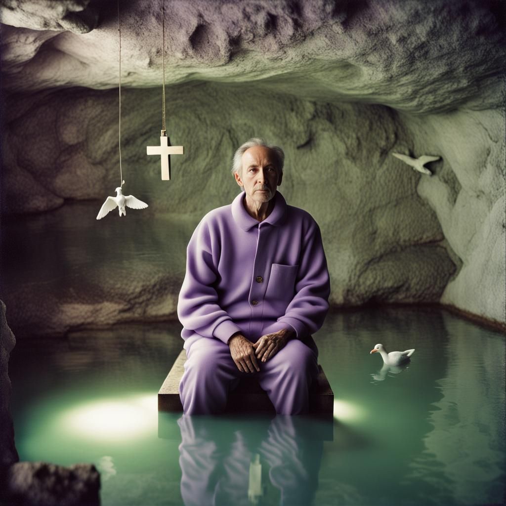 Low Lit Cave Pilgrimage with Concrete Dove