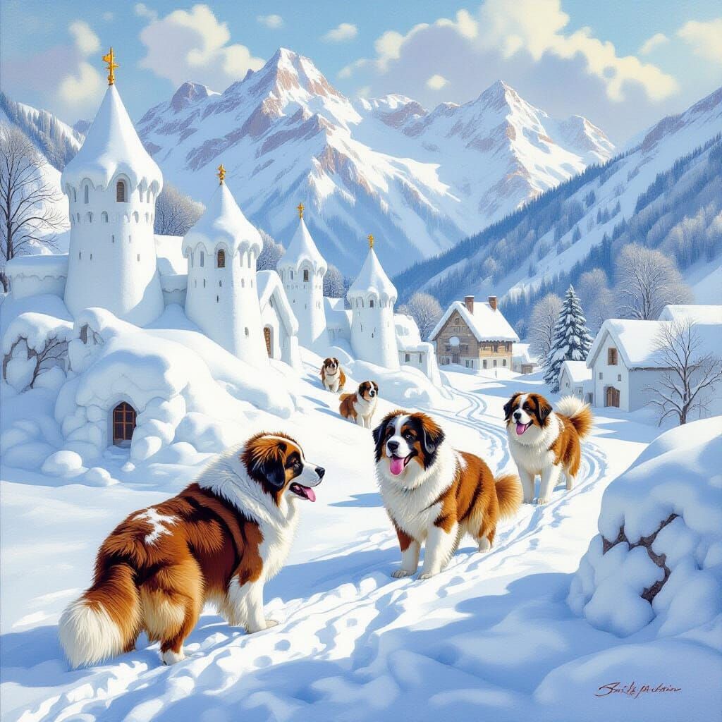 Saint Bernards in Swiss Snow Castles, Bierstadt Style