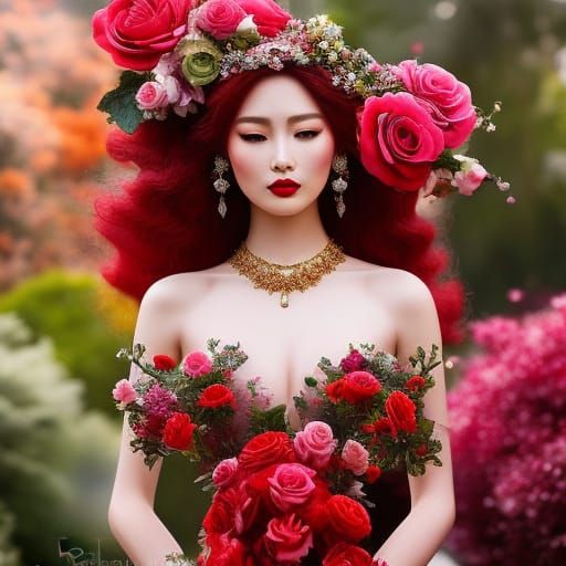 Rose Goddess with Red Dress and Butterflies