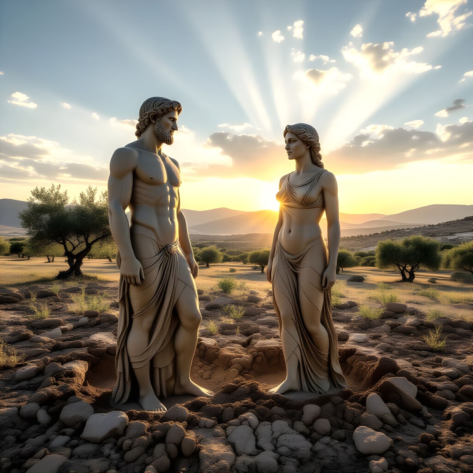 Archaic Greek Figures Emerge from Earth in Golden Hour
