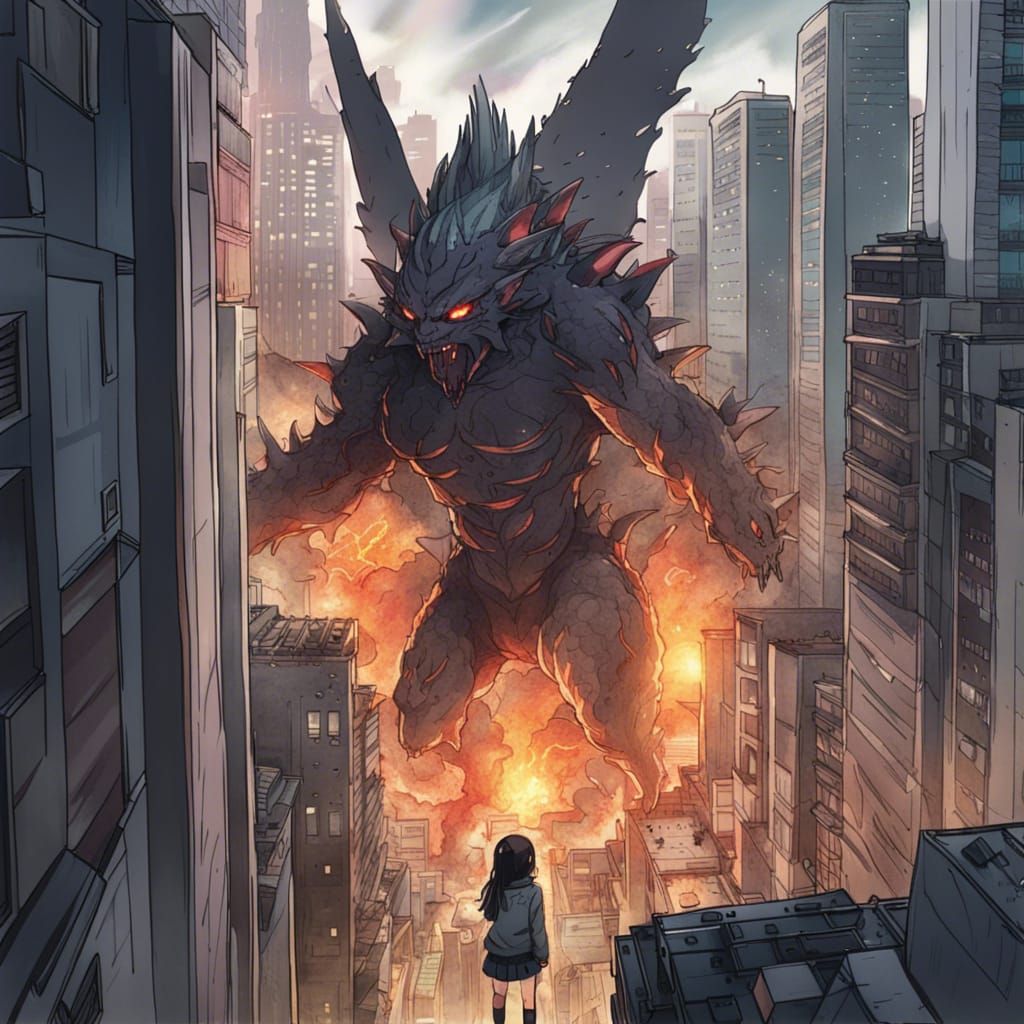 Cyberpunk Hellfire Kaiju Rampage From Above