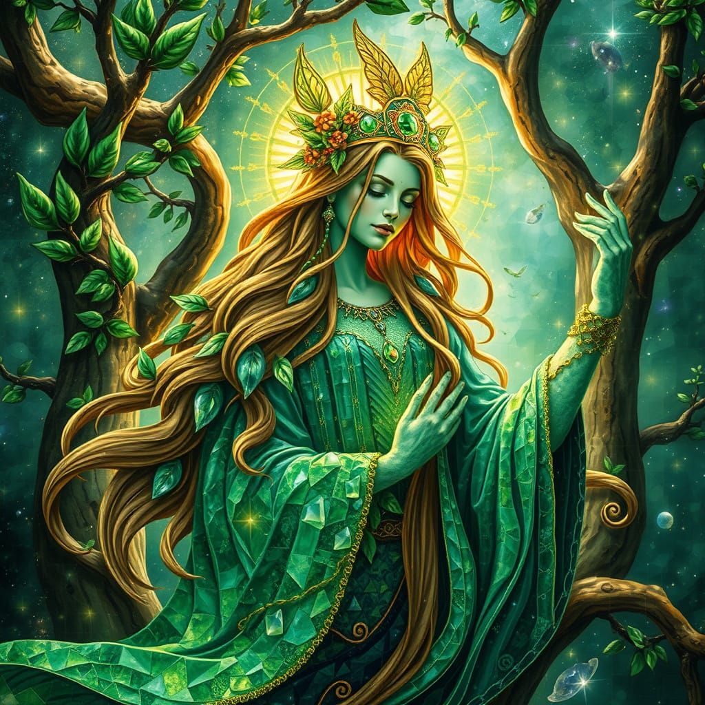 Emerald Forest Goddess Mosaic in Hyperrealistic Style