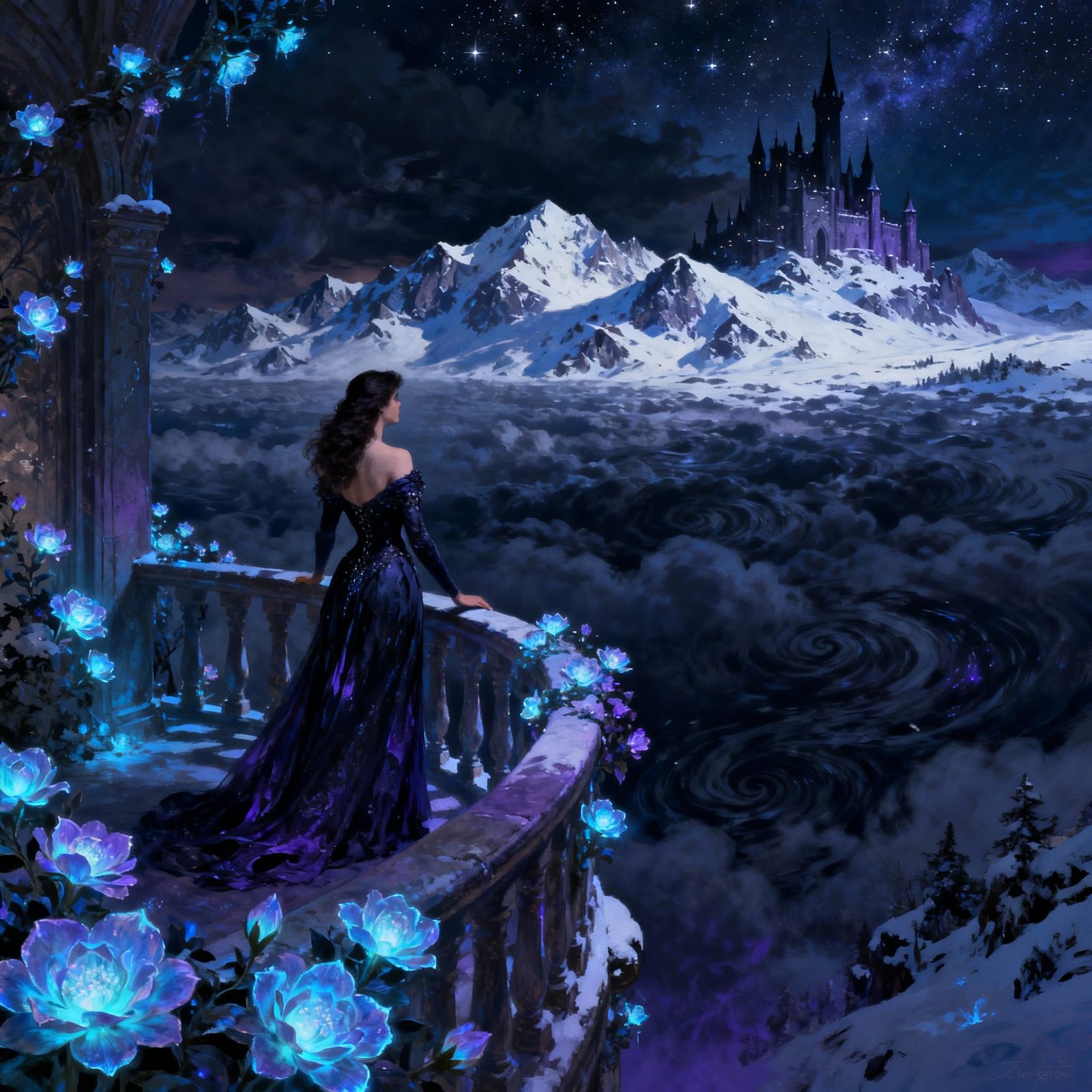 Mystical Woman in Elegant Dress Overlooks Winter Castle Land...