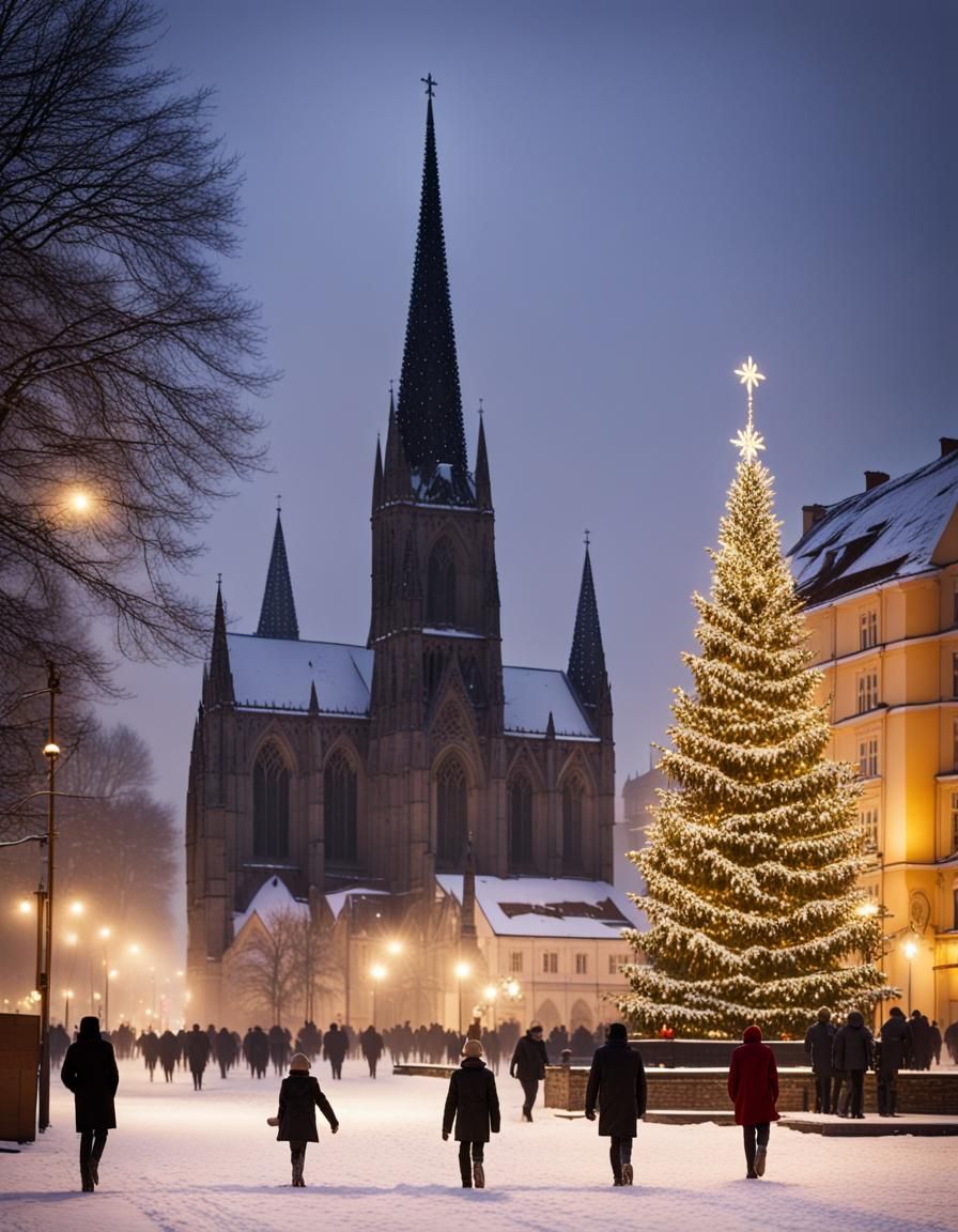 Snowy Town Square Christmas Eve Scene