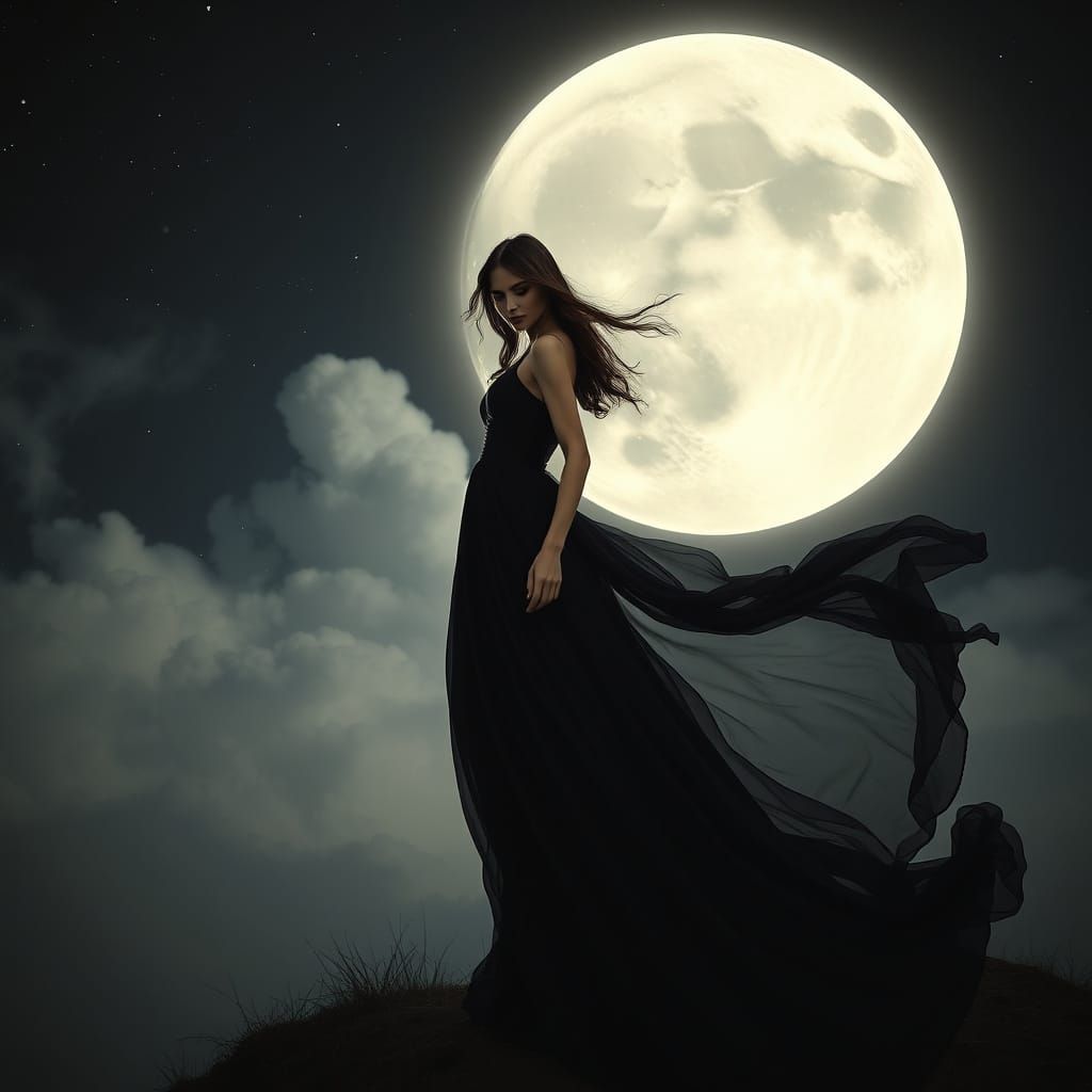 Celestial Goddess in a Flowing Black Gown