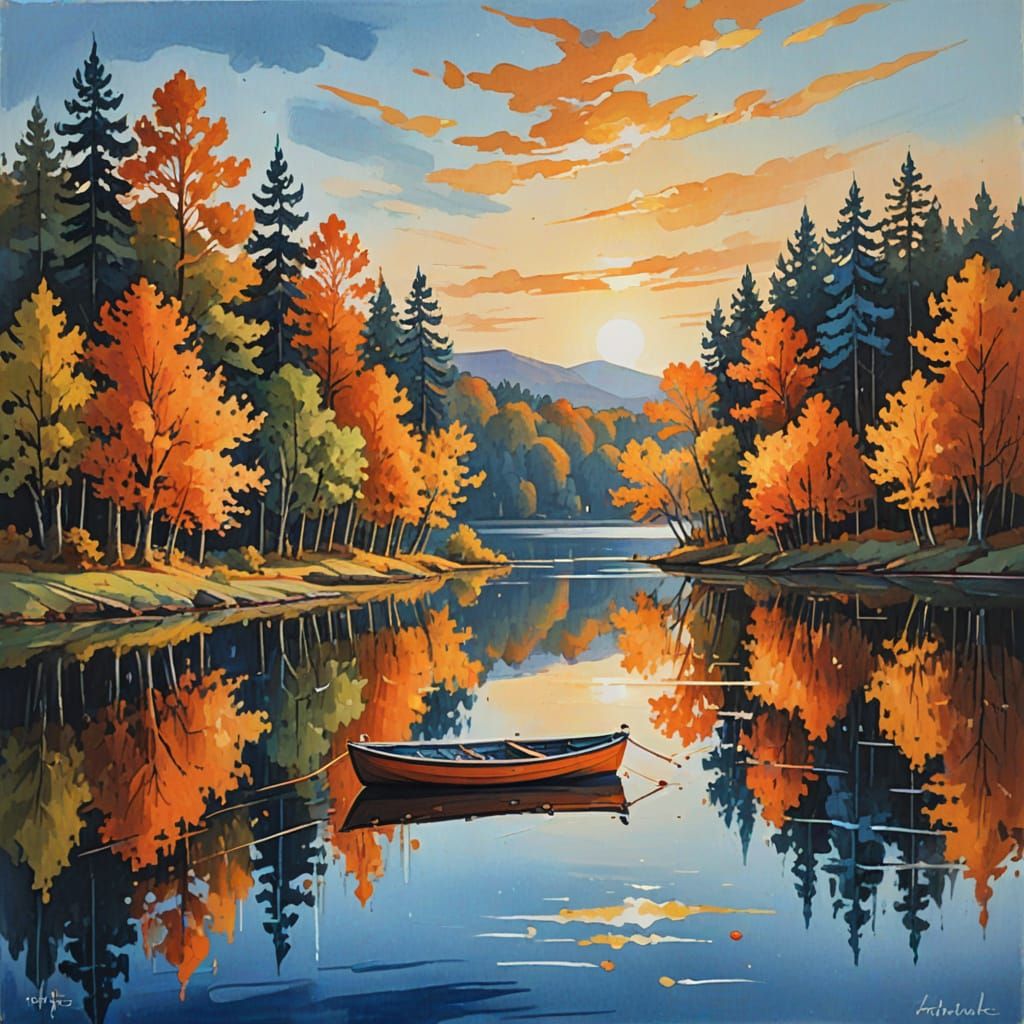 Autumn Lake Sunset in Gouache Style