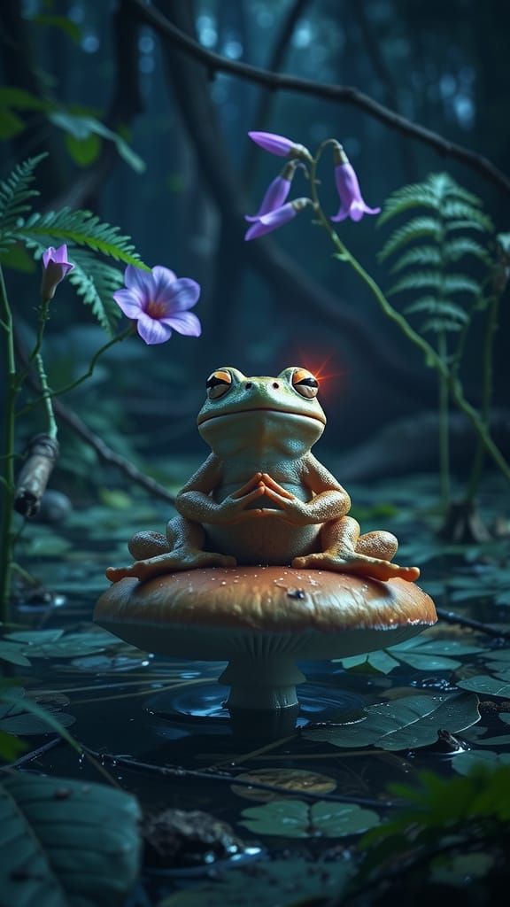 Meditating Frog with Third Eye in Magical Swamp