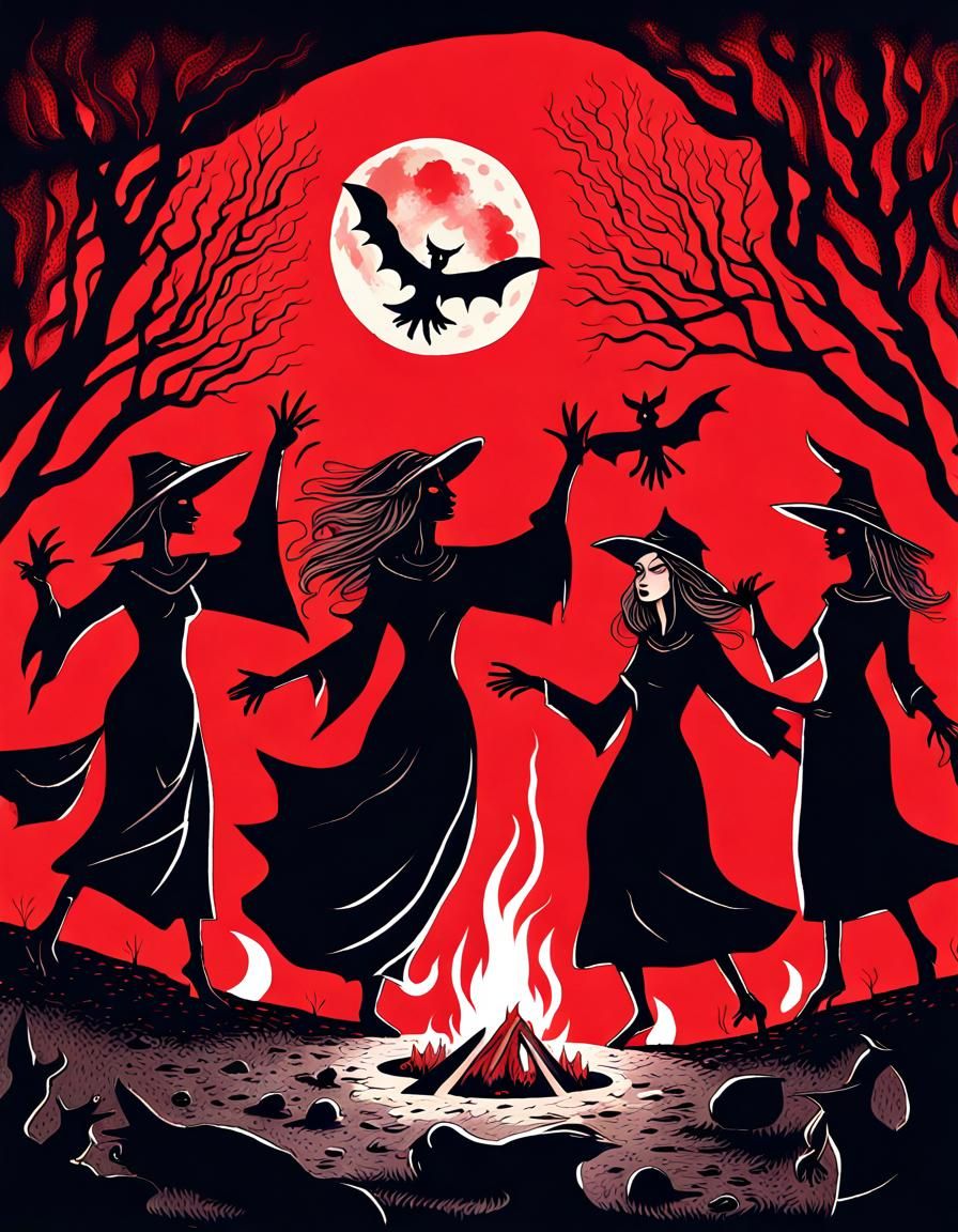 Witch Coven Dance Under the Blood Moon