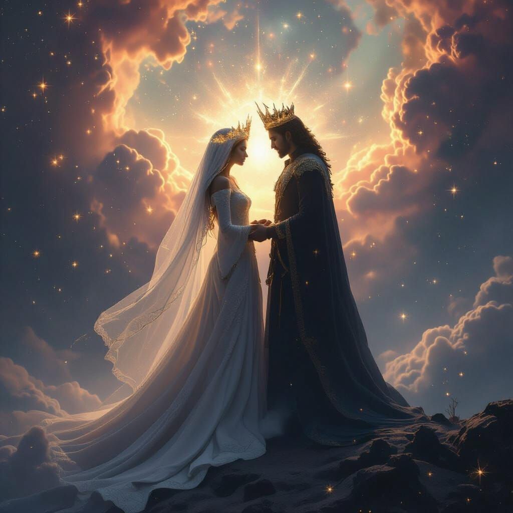 Celestial Couple in Nebula, Hyperrealistic Digital Art