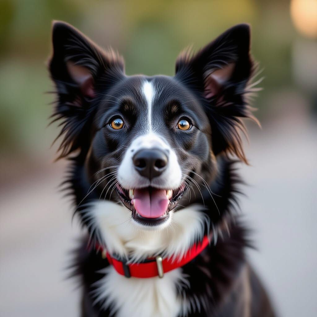 Smiling Singapore Black Dog with White Markings and Red Coll...
