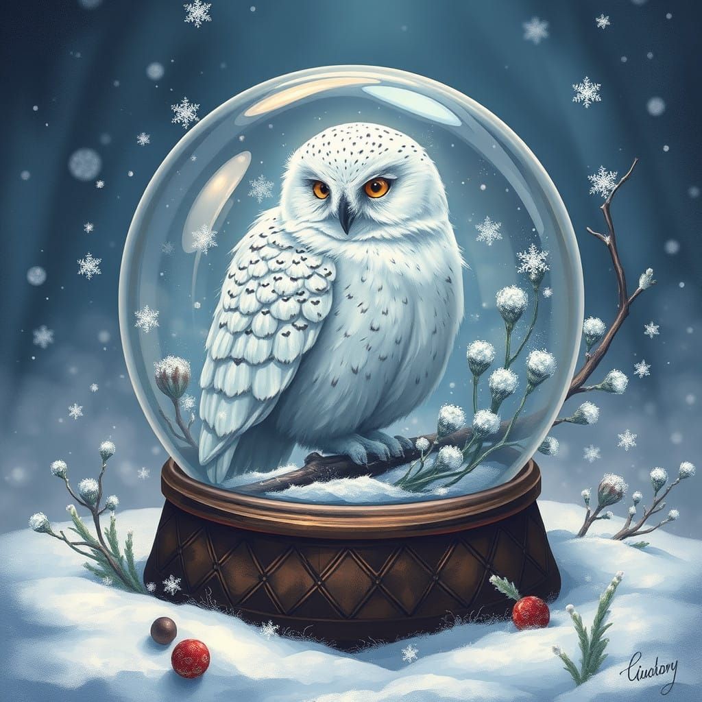 Majestic Owl in Whimsical Snow Globe Scene