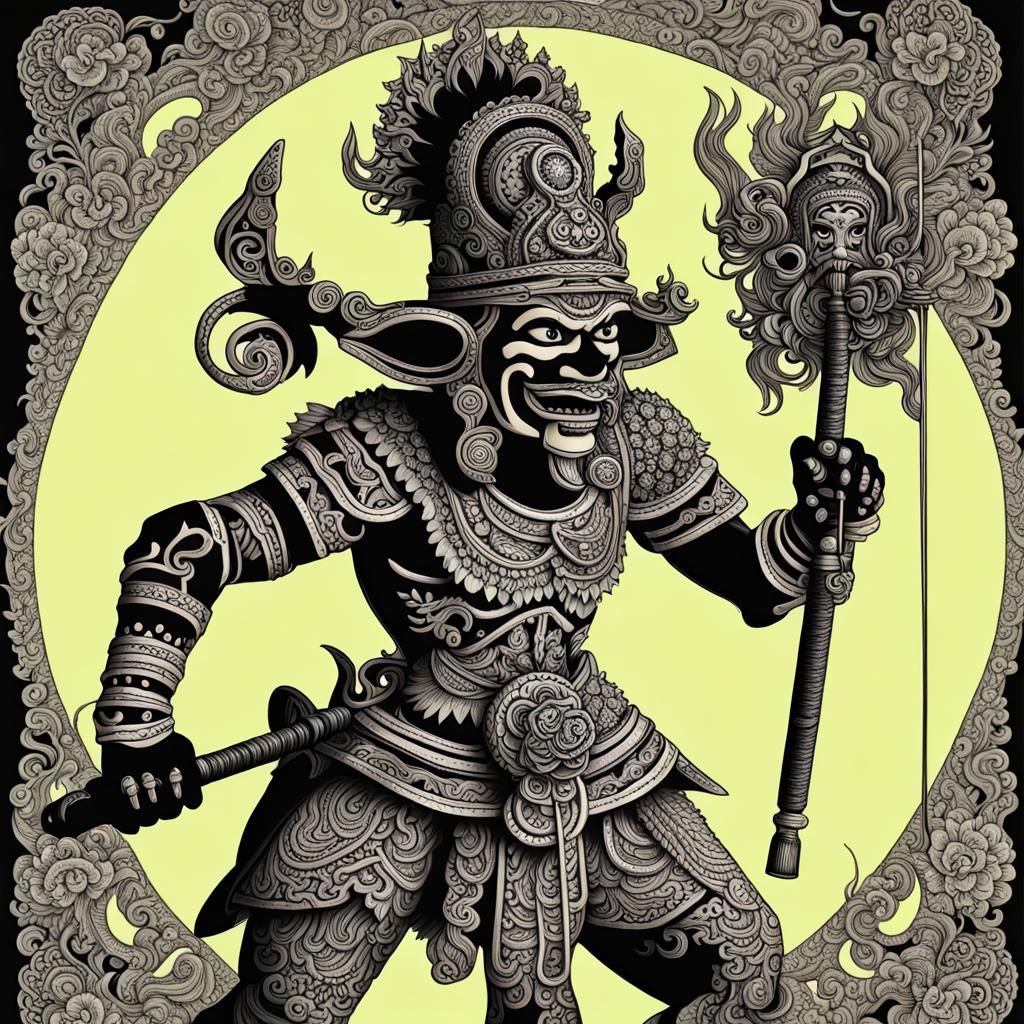 Wayang Warrior in Black Light Art Style