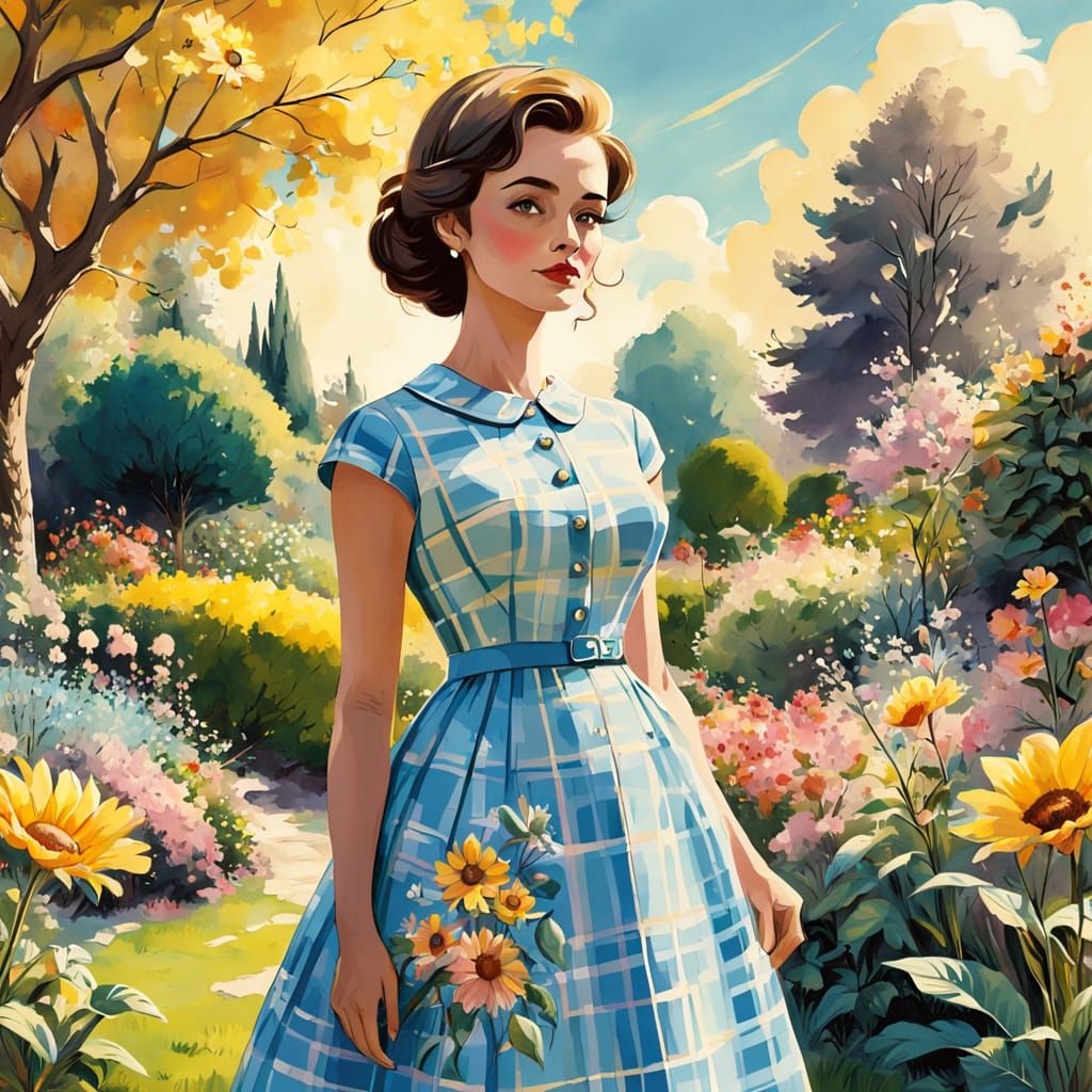 Woman in Whimsical Gingham Print Dress in Sunny Garden