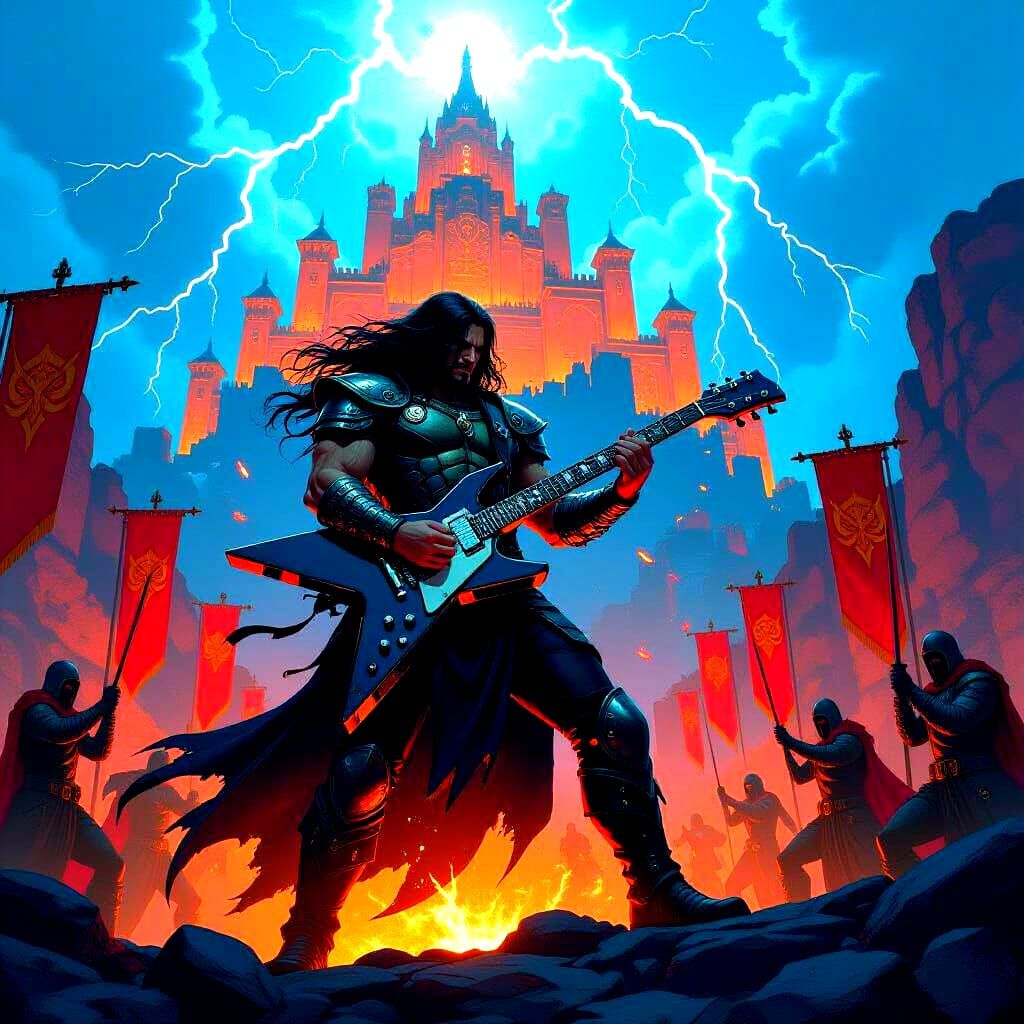 Metal Guitarist in a Supernatural Comic Book Scene