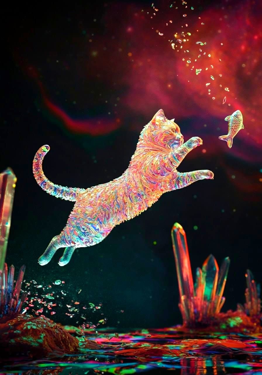 Ethereal Rainbow Glass Cat Catches Fish in Mid-Air Fantasy S...