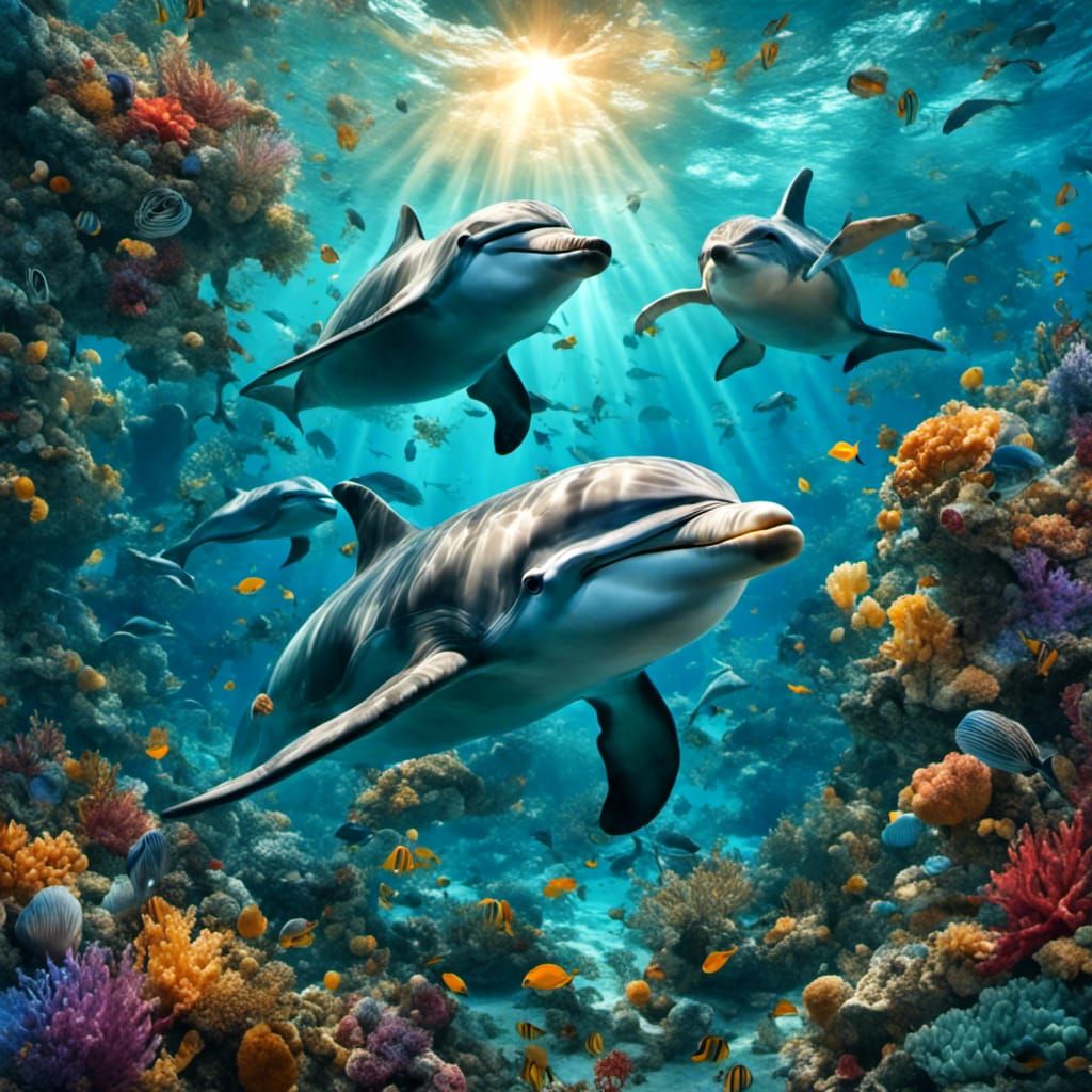 Vibrant Ocean Scene with Dolphins and Coral