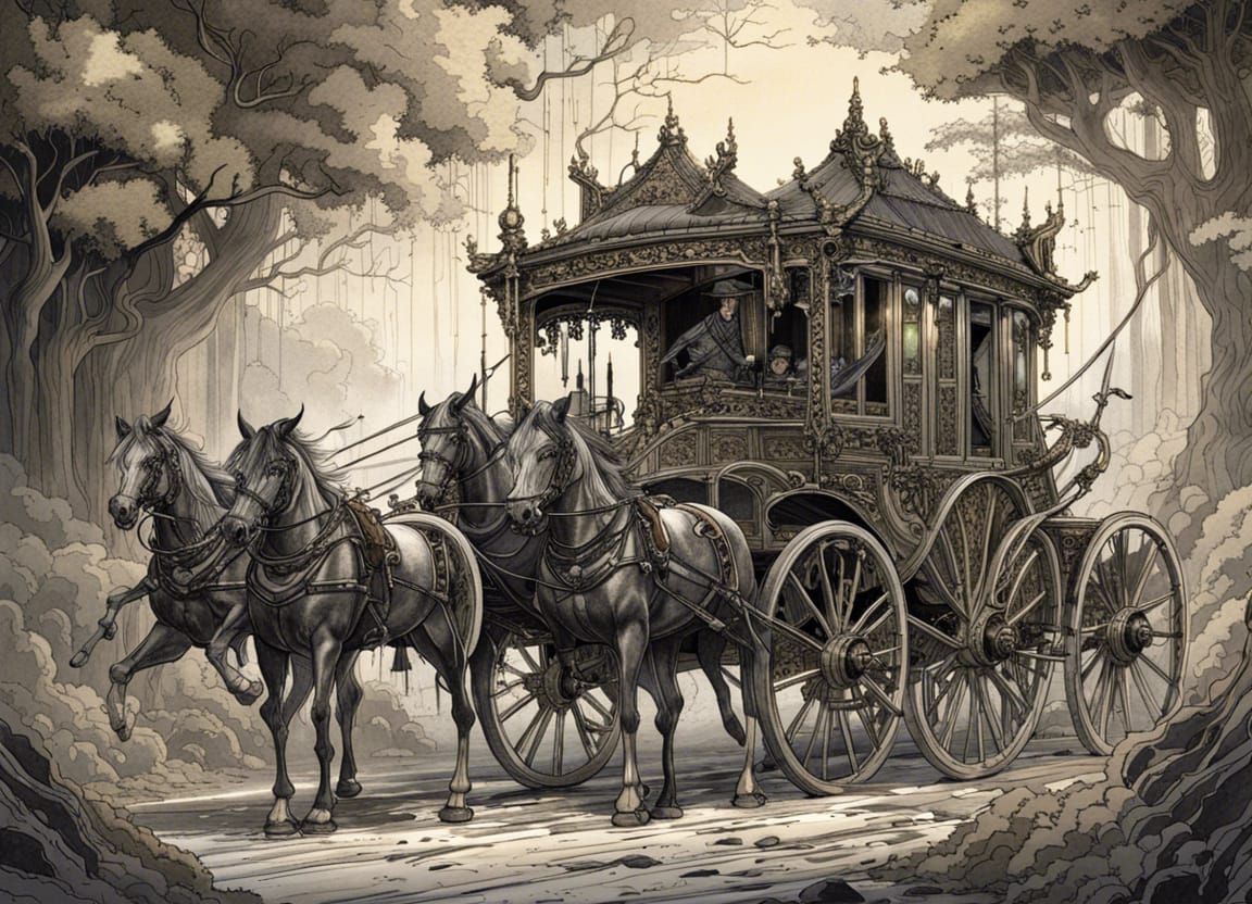 Elegant Vampire Stagecoach in Yoshitaka Amano Style