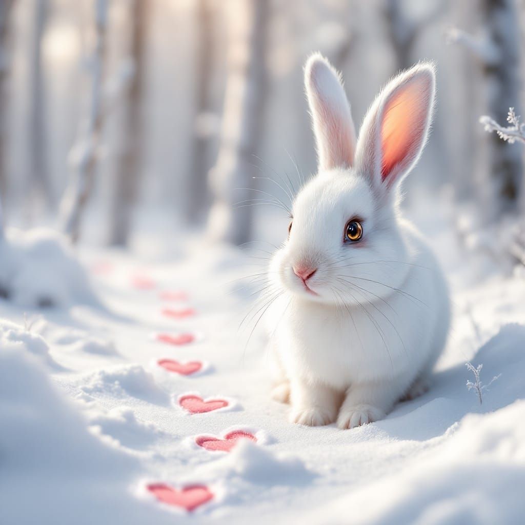 Surreal Winter Wonderland with Fluffy Bunny and Pink Heart T...