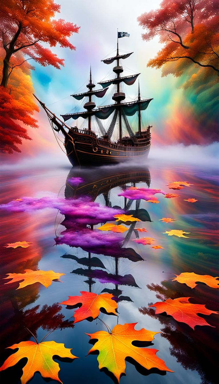 Colorful Non-Newtonian Fluid Pirate Ship on Surreal Lake