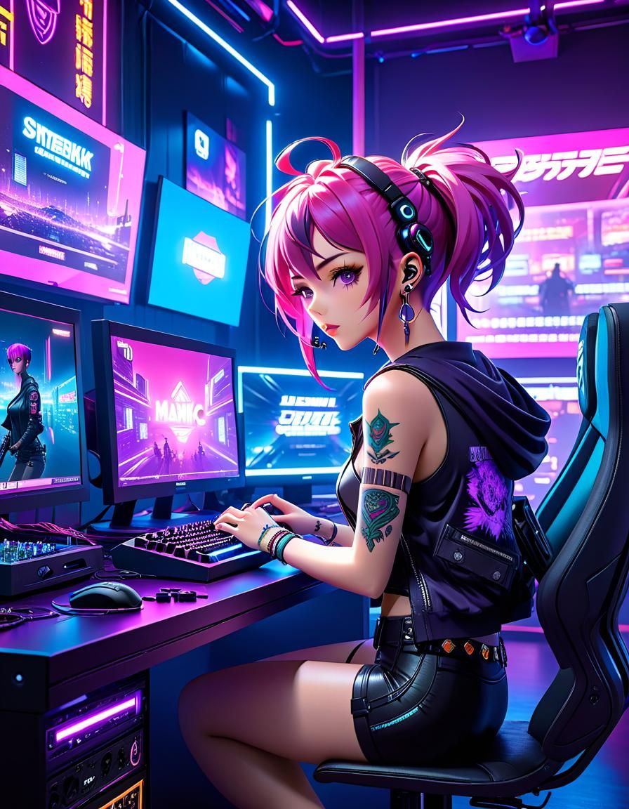 Manic Pixie Dream Gamer in Cyberpunk Room