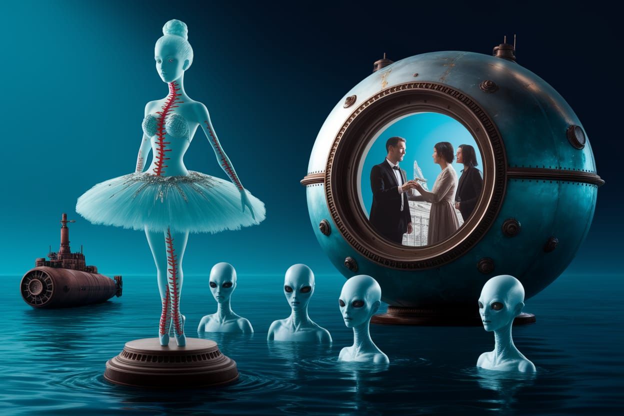 Steampunk Ballerina Music Box in a Haunting Oceanic Scene