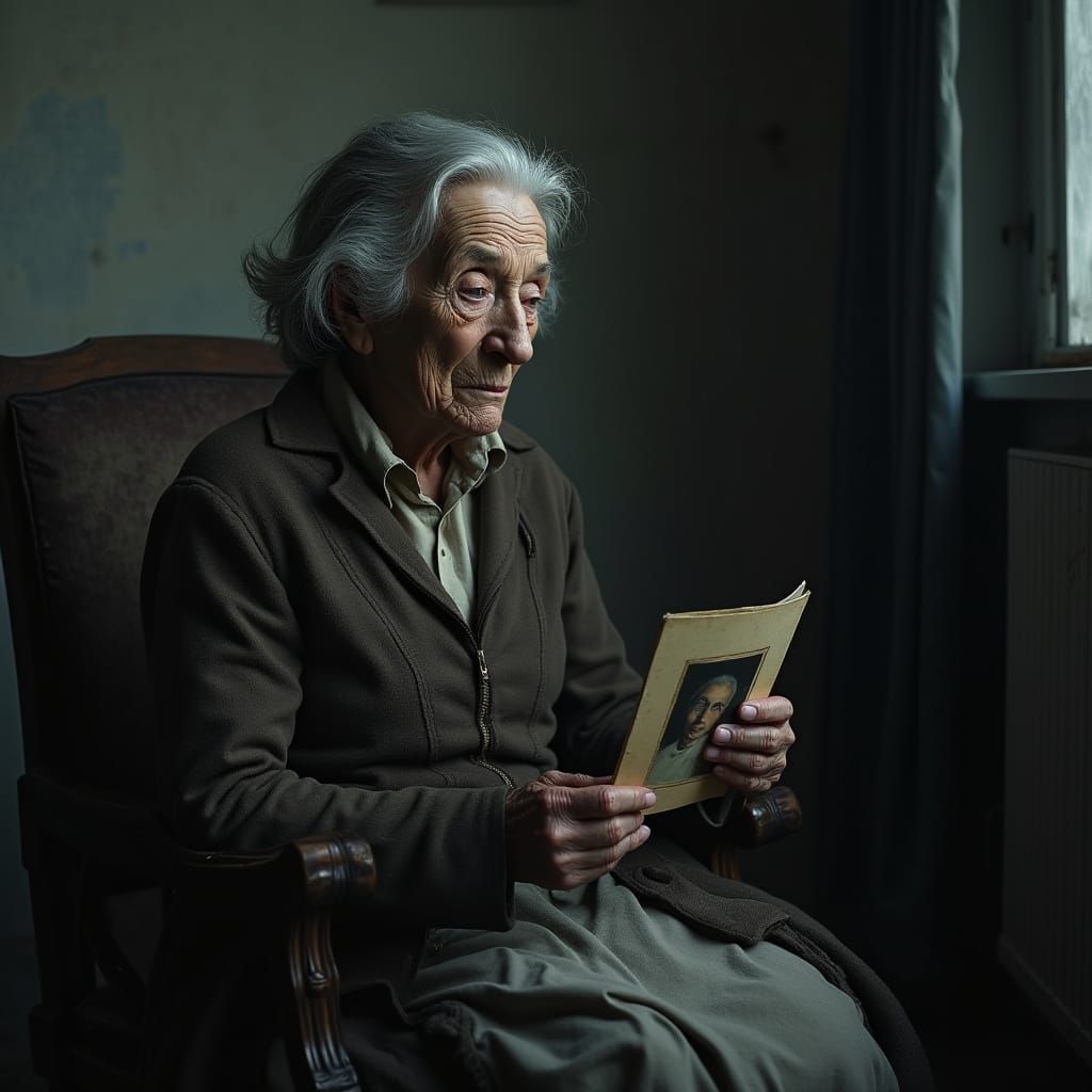 Haunted Elderly Woman in Dimly Lit Room