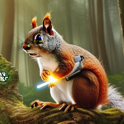 Squirrel Jedi Knight in Dark Forest, Realistic Rendering