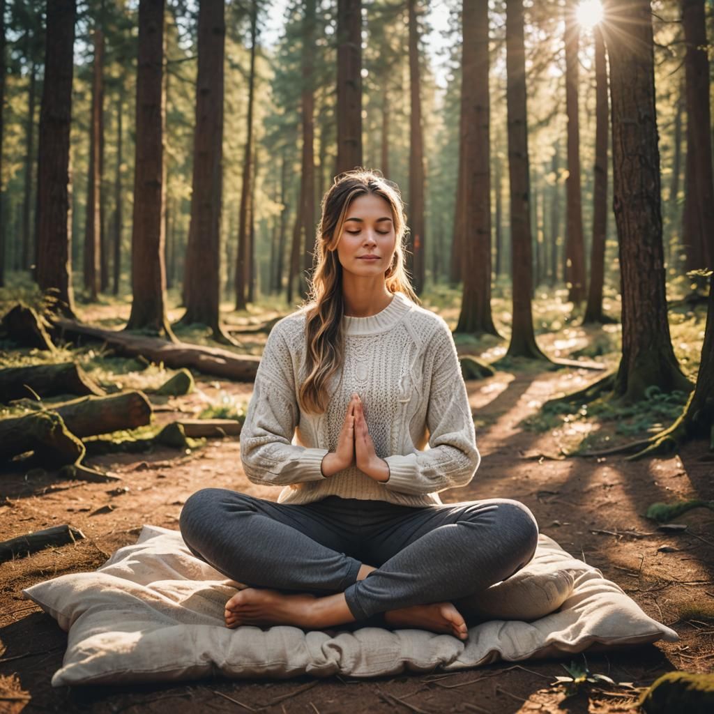 Woman Meditating Peacefully in Forest Clearing
