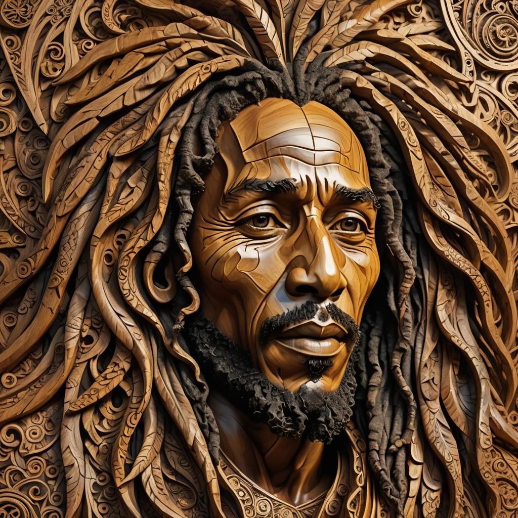 Detailed Wooden Bob Marley Sculpture in Digital Art