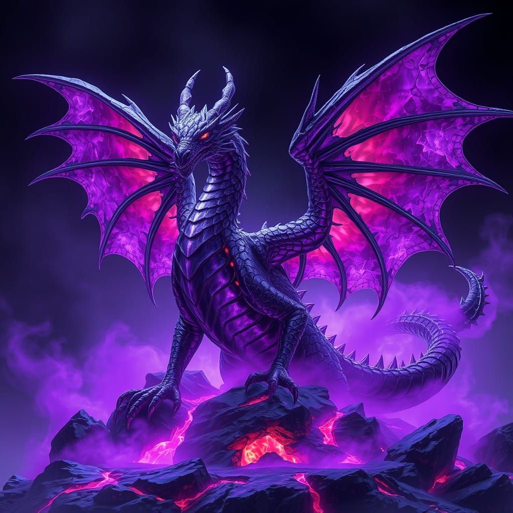 Majestic Purple Dragon Awakens with Lava and Mist