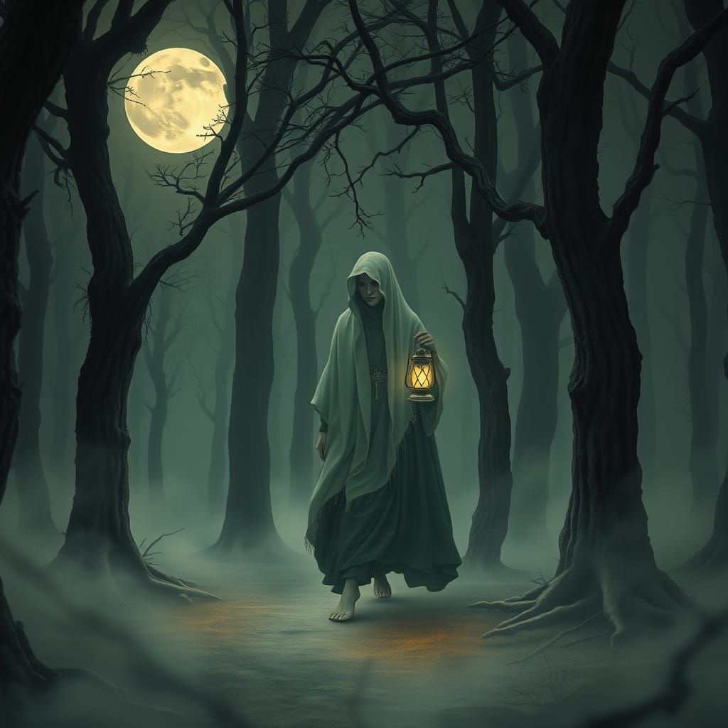 Ethereal Forest Sanctuary: Veiled Woman Selyatija Walks Unde...