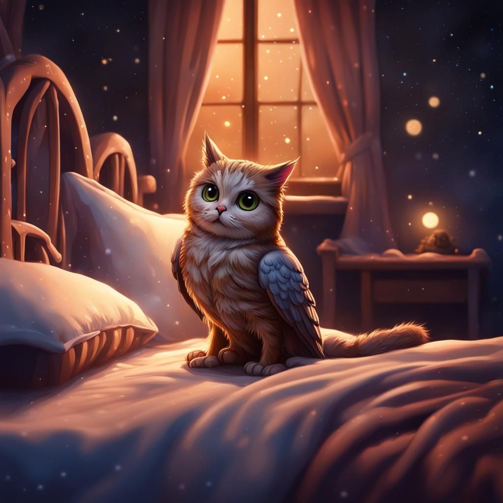 Cat Tucking Owl into Bed, Fantasy Art