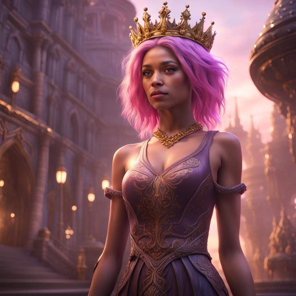 Pink Haired Woman Greets Crowned Girl: Fantasy Art