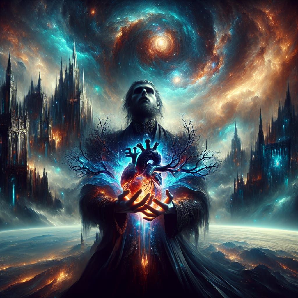 Warlock with Azure Heart in Dark Fantasy Style