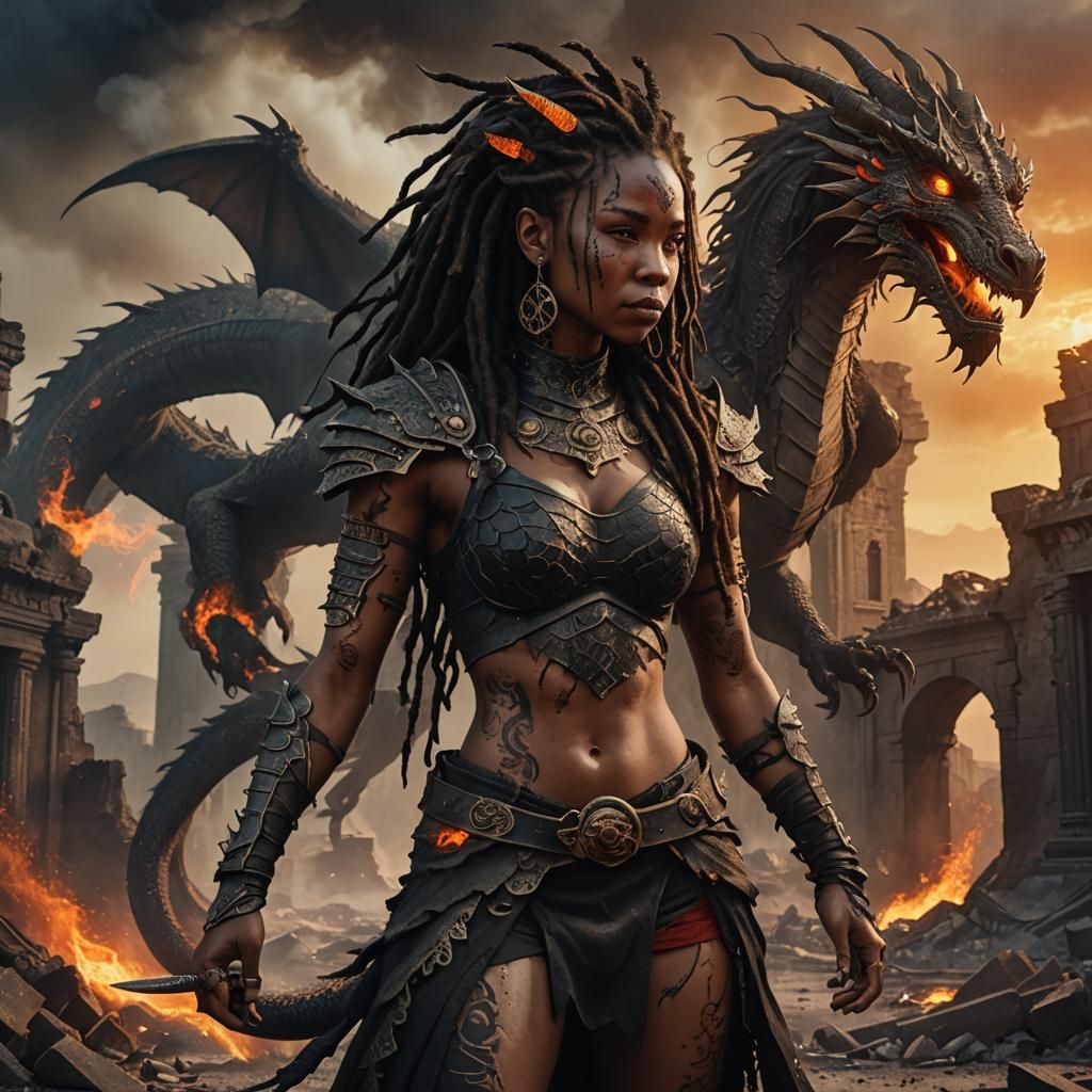 Dragon Woman in Apocalyptic Wasteland, Digital Painting