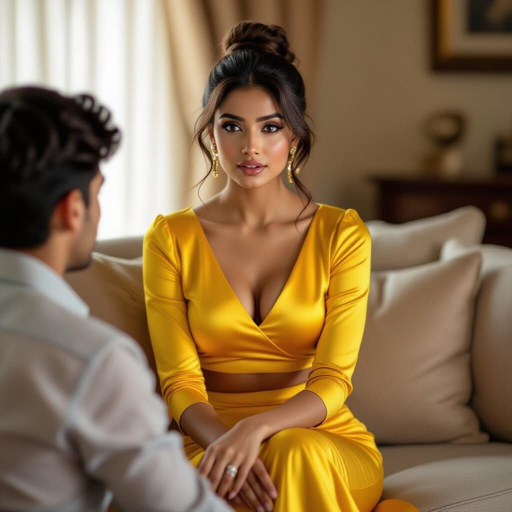 Beautiful Indian Woman in Yellow Pencil Skirt and Silky Top